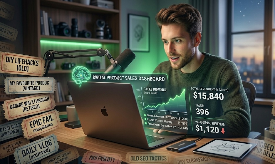 A creator looking at a laptop showing digital product sales, moving beyond traditional AdSense revenue.